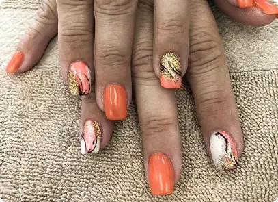 brown hands white orange nail designs